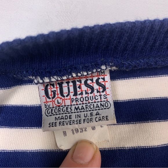 Guess Jeans VTG Cropped Top Tee T Shirt Long Sleeve Mariner Striped Blue Sz L - Picture 5 of 8